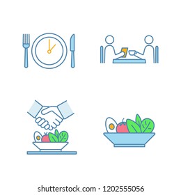 Business lunch color icons set. Dinner break, cafe meeting, make deal over meal, salad. Isolated vector illustrations
