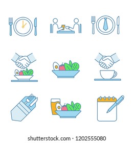 Business lunch color icons set. Colleagues, friends, partners, customers meeting. Business dinner menu, rules, etiquette. Successful partnership. Isolated vector illustrations