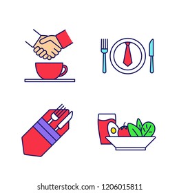 Business lunch color icons set. Fork and knife, salad and cold drink, partnership, business dinner. Isolated vector illustrations