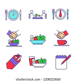Business lunch color icons set. Colleagues, friends, partners, customers meeting. Business dinner menu, rules, etiquette. Successful partnership. Isolated vector illustrations