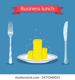 Business lunch concept. coin on plate isolated on blue background. fork and knife. vector illustration in flat style.