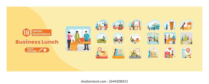 Business lunch concept. Colleagues have lunch and drinks together at work, restaurant, and cafes. Mega set.