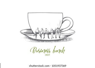 Business lunch concept. Hand drawn Business people meeting and eating lunch. Symbolic big cup of coffee isolated vector illustration.