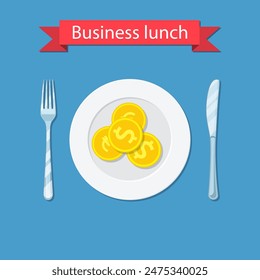 Business lunch concept infographic. coin on plate isolated on blue background. fork and knife. vector illustration in flat style.