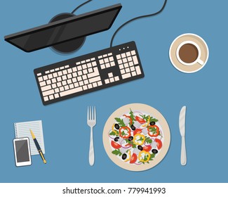 Business lunch concept. There is a plate with salad and a cup of coffee on a blue background. There is also a monitor and a keyboard here. Vector illustration.