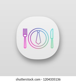 Business lunch, dinner app icon. Discussing business over meal. Table knife, fork and plate with tie inside. UI/UX user interface. Web or mobile application. Vector isolated illustration