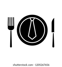 Business lunch, dinner glyph icon. Discussing business over meal. Table knife, fork and plate with tie inside. Silhouette symbol. Negative space. Vector isolated illustration