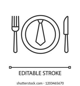 Business Lunch, Dinner Linear Icon. Discussing Business Over Meal. Thin Line Illustration. Table Knife, Fork And Plate With Tie Inside. Contour Symbol. Vector Isolated Outline Drawing. Editable Stroke