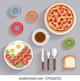 business lunch, dinner table - top view (flat concept, vector illustration)