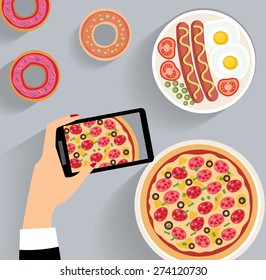 business lunch, dinner table - top view (flat concept, vector illustration)