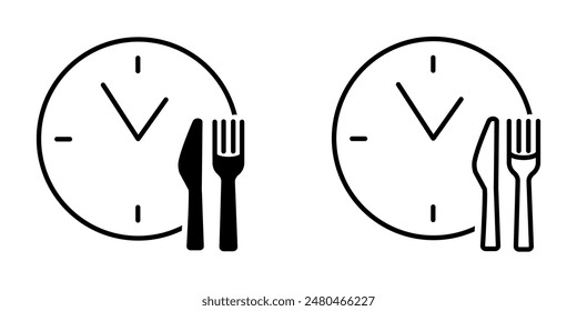 Business lunch icon. Knife, fork and plate with clock illustration. Lunch time symbol.