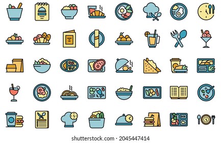 Business lunch icons set. Outline set of business lunch vector icons thin line color flat isolated on white