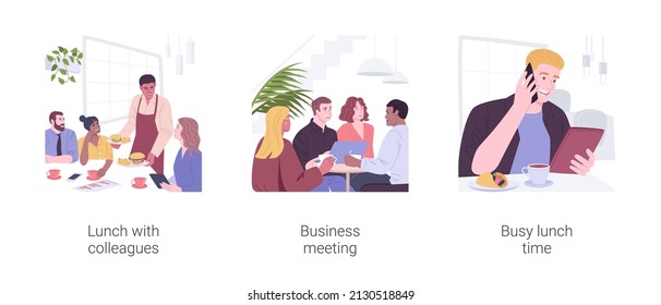 Business lunch isolated cartoon vector illustrations set. Smiling diverse colleagues having lunch in cafe, business meeting at restaurant, busy man working at the table, eating out vector cartoon.