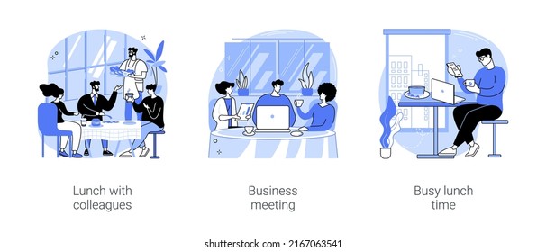 Business lunch isolated cartoon vector illustrations set. Smiling diverse colleagues having lunch in cafe, business meeting at restaurant, busy man working at the table, eating out vector cartoon.