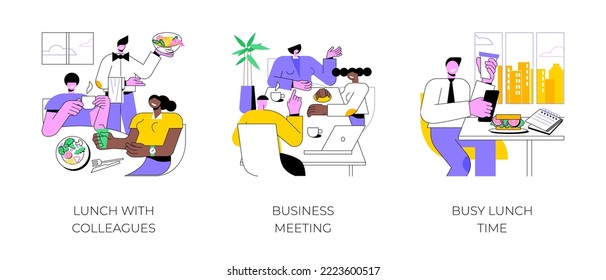 Business lunch isolated cartoon vector illustrations set. Smiling diverse colleagues having lunch in cafe, business meeting at restaurant, busy man working at the table, eating out vector cartoon.