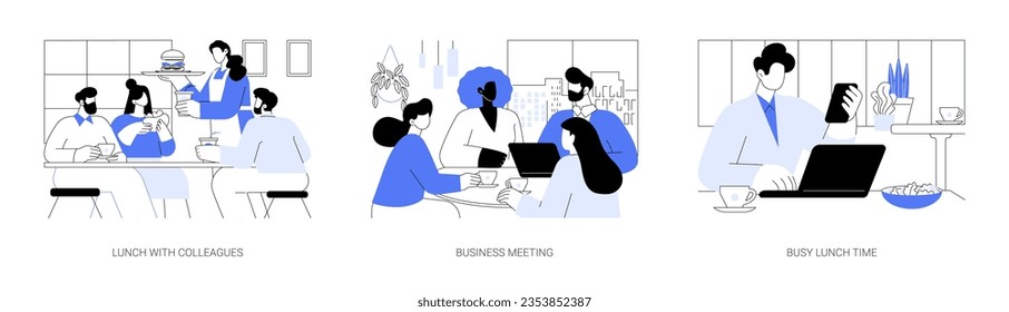 Business lunch isolated cartoon vector illustrations set. Smiling diverse colleagues having lunch in cafe, business meeting at restaurant, busy man working at the table, eating out vector cartoon.