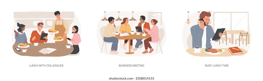 Business lunch isolated cartoon vector illustrations set. Smiling diverse colleagues having lunch in cafe, business meeting at restaurant, busy man working at the table, eating out vector cartoon.