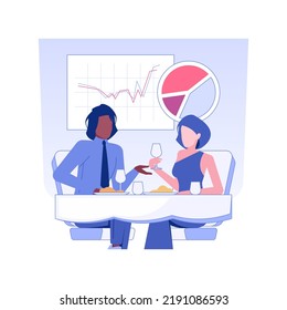 Business lunch isolated concept vector illustration. Group of diverse colleagues at a business lunch, company workers eating food in restaurant and talking, office life vector concept.