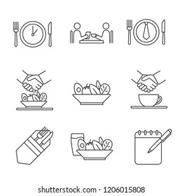 Business lunch linear icons set. Colleagues, friends, partners, customers meeting. Business dinner menu, rules, etiquette. Successful partnership. Isolated vector outline illustration. Editable stroke