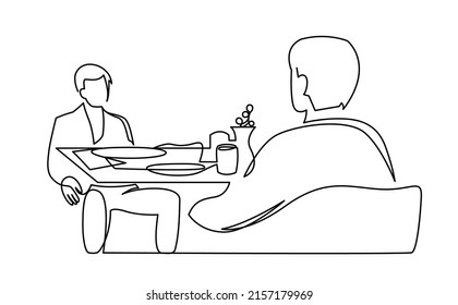 Business lunch, meeting two men in a cafe continuous line drawing. Friends eat together contour vector illustration. Colleagues communication