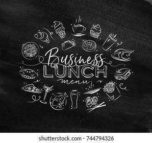 Business Lunch Monogram With Food Icon Drawing With Chalk On Chalkboard