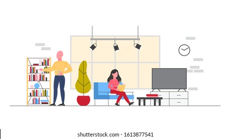 Business lunch at office rest room. Office situation. Colleagues having a rest, talking and eating. Female and male characters having a break at the work place. Isolated flat illustration