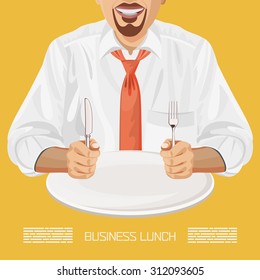 Business lunch office worker businessman with plate, knife, fork