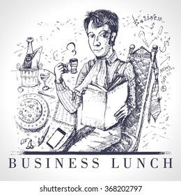 Business lunch office worker businessman. The man has dinner. Vintage drawing in style of an engraving