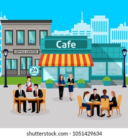 Business lunch people colored composition with outdoor cafe and waiters take orders vector illustration