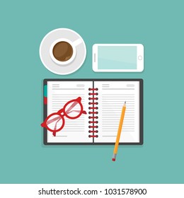 business lunch with red glasses, coffee, smartphone and note book. freelancer life style vector illustration. Brainstorming, writing flat style. Hipster job. powder blue background