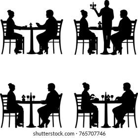 Business lunch in the restaurant between business partners in different situations silhouette