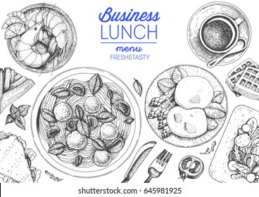 Business lunch top view frame. Food menu design. Vintage hand drawn sketch vector illustration.