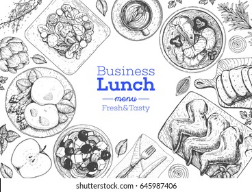 Business lunch top view frame. Food menu design. Vintage hand drawn sketch vector illustration.