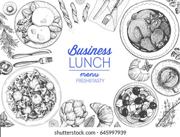 Marco panorámico para el almuerzo de negocios. Diseño de menús de comida. Dibujo vintage dibujado a mano ilustración vectorial.