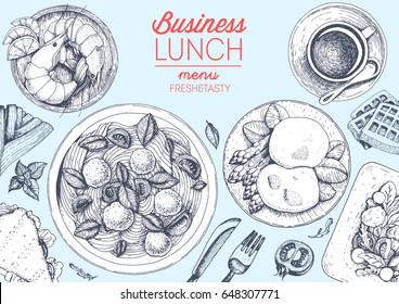 Business lunch top view frame. Food menu design. Vintage hand drawn sketch vector illustration.