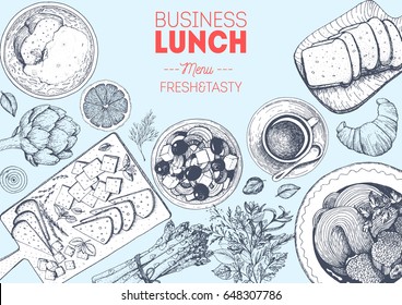Business Lunch Top-Blick Rahmen. Speisekarte-Design. Vintage handgezeichnet Skizze Vektorgrafik.