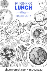 Business lunch top view frame. Food menu design. Vintage hand drawn sketch vector illustration.