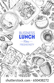 Business lunch top view frame. Food menu design. Vintage hand drawn sketch vector illustration.