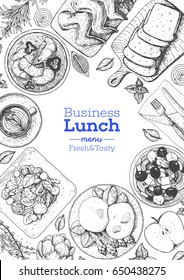 Business lunch top view frame. Food menu design. Vintage hand drawn sketch vector illustration.