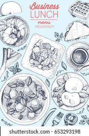 Business lunch top view frame. Food menu design. Vintage hand drawn sketch vector illustration. Lunch food dishes.