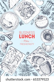 Marco panorámico para el almuerzo de negocios. Diseño de menús de comida. Dibujo vintage dibujado a mano ilustración vectorial. Platos a mediodía.