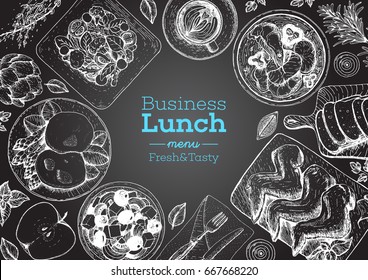 Business lunch top view frame. Food menu design. Vintage hand drawn sketch vector illustration.