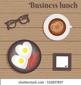 Business lunch: two fried eggs with two sausage. Cup with coffee on saucer. Burgundy glasses. Napkin with cute pink trim with white polka dots and hearts. Wooden background. Vector illustration. 