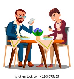 Business Lunch, Two People At The Table Looking In Their Phone Vector. Isolated Illustration