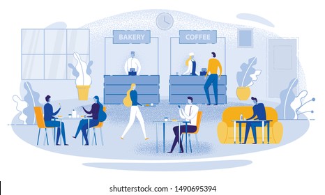 Business Lunch Vector Illustration. Cartoon People In Cafe Canteen. Office Worker Colleague Sit Table, Conversation Talk, Eat, Drink Coffee. Customer Client Order Food. Man Woman Worker