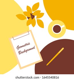 Business lunch vector illustration. A cup of coffee and clipboard with paper and a pen. Flat style.