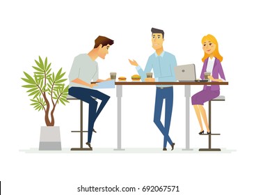 Business Lunch - vector illustration of office situation. Cartoon people characters of young female, male colleagues, partners having rest, talking at the laptop. Scene with three employees discussing