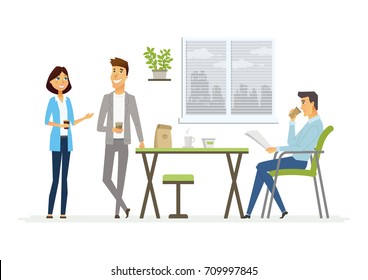 Business Lunch - vector illustration of office situation. Cartoon people characters of young female, male colleagues, partners having rest, talking at the laptop. Scene with three employees discussing