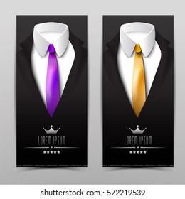 Business luxury clothing vertical banners with black jackets purple orange ties and white shirts vector illustration