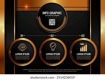 Business-Luxus-Infografik-Vorlagen, Schwarz-Gold-Farbe, Flussdiagramm Daten Visualisierung für abstrakte Hintergrund Vorlage 3 Schritte Optionen.